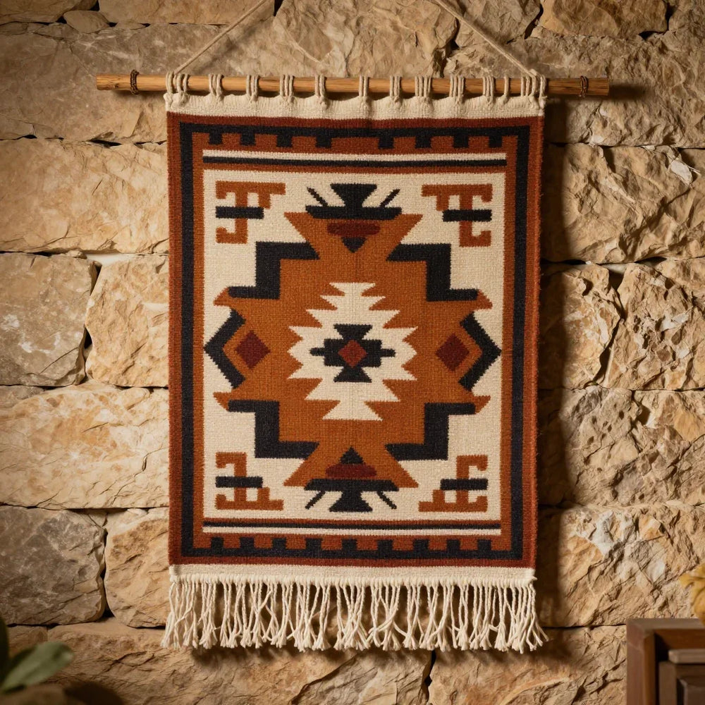 Fortress Wall Hanging by ALPORA, a handwoven wool wall hanging translating the interior tapestry tradition of tibetan stone fortress dwellings