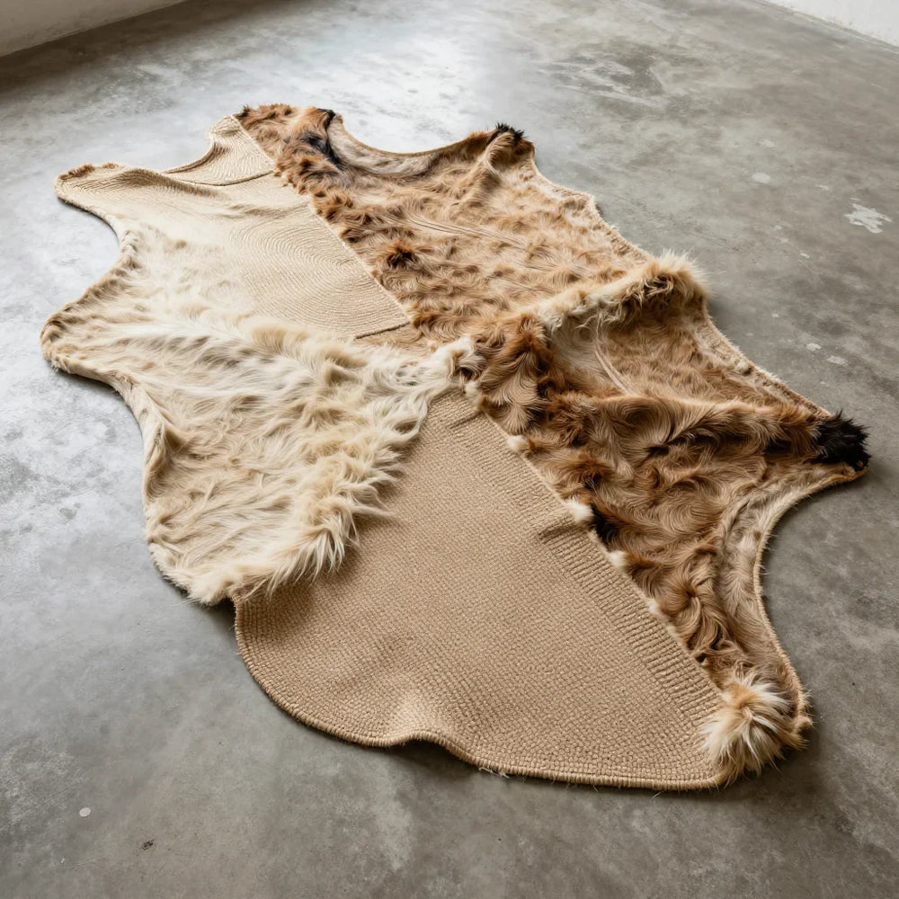 Hide & Wool Floor Layer by ALPORA, a composite floor mat combining natural yak hide with handwoven wool, translating the nomadic ground layering tradition