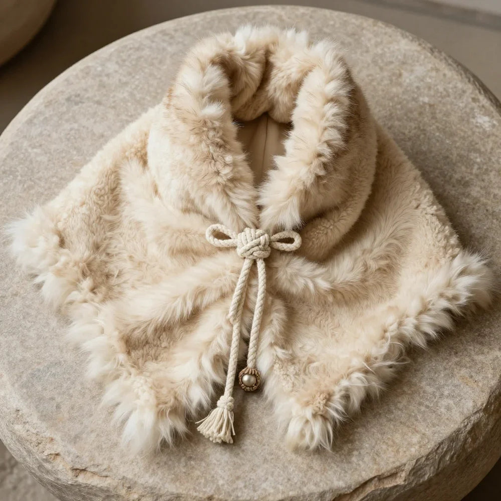 Highland Neck Wrap by ALPORA, a thick handwoven yak down neck warmer in natural tones, with traditional rope-knot closure, for highland cold
