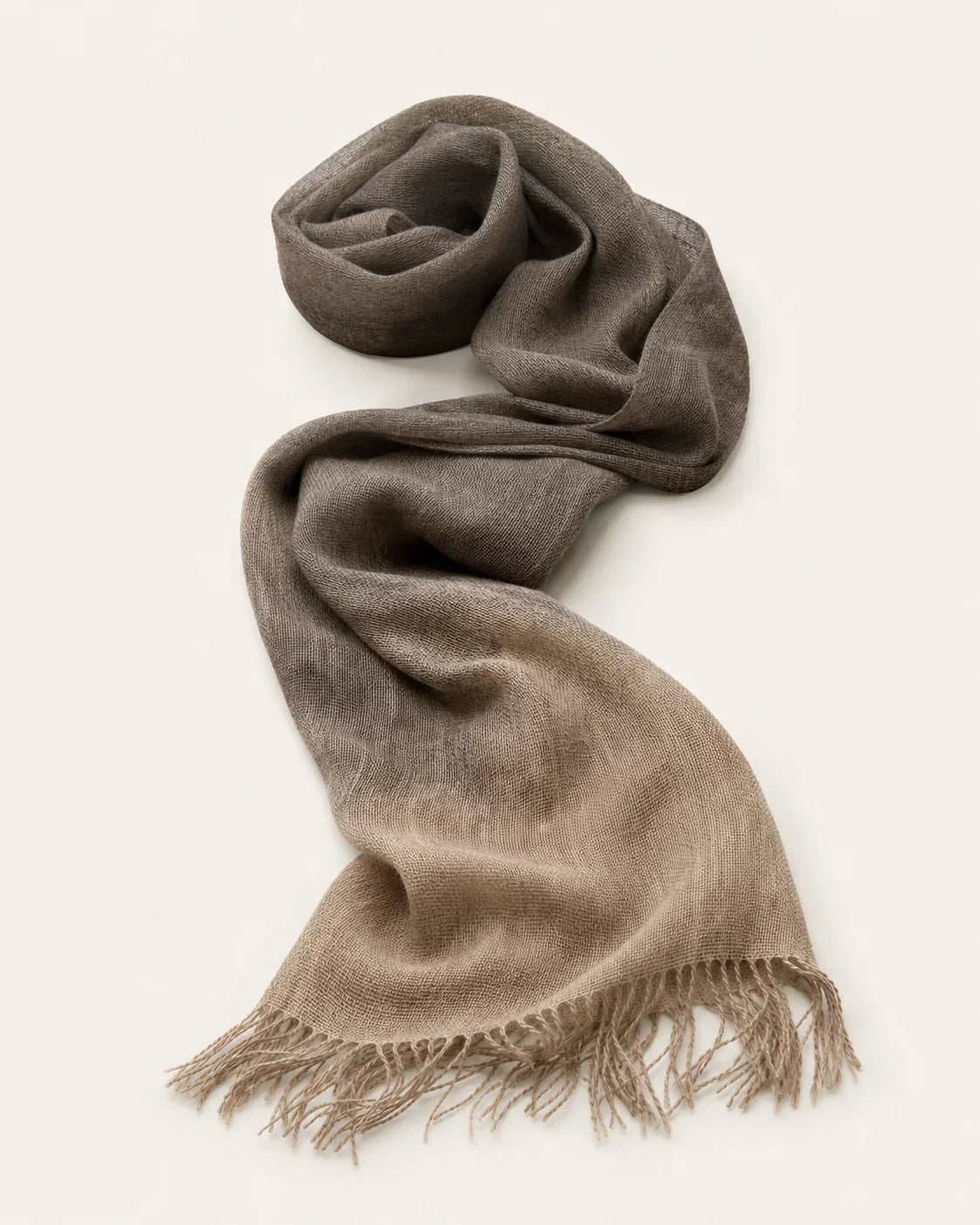 Khumbu Lightweight Yak Scarf by ALPORA, an airy handwoven scarf moving from natural smoke brown into warm sand