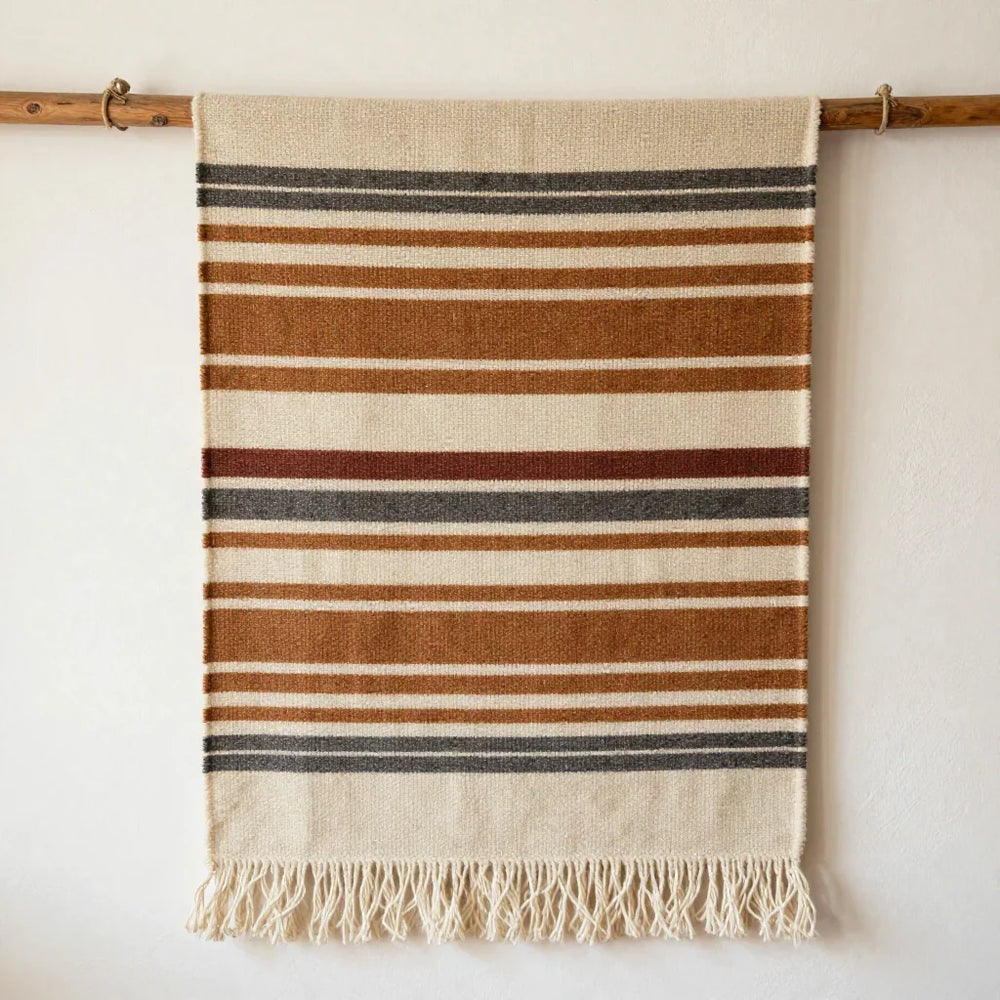 Pulu Wall Tapestry by ALPORA, a traditional tibetan pulu wall tapestry with horizontal stripe patterns in natural undyed wool tones, handwoven on a traditional loom