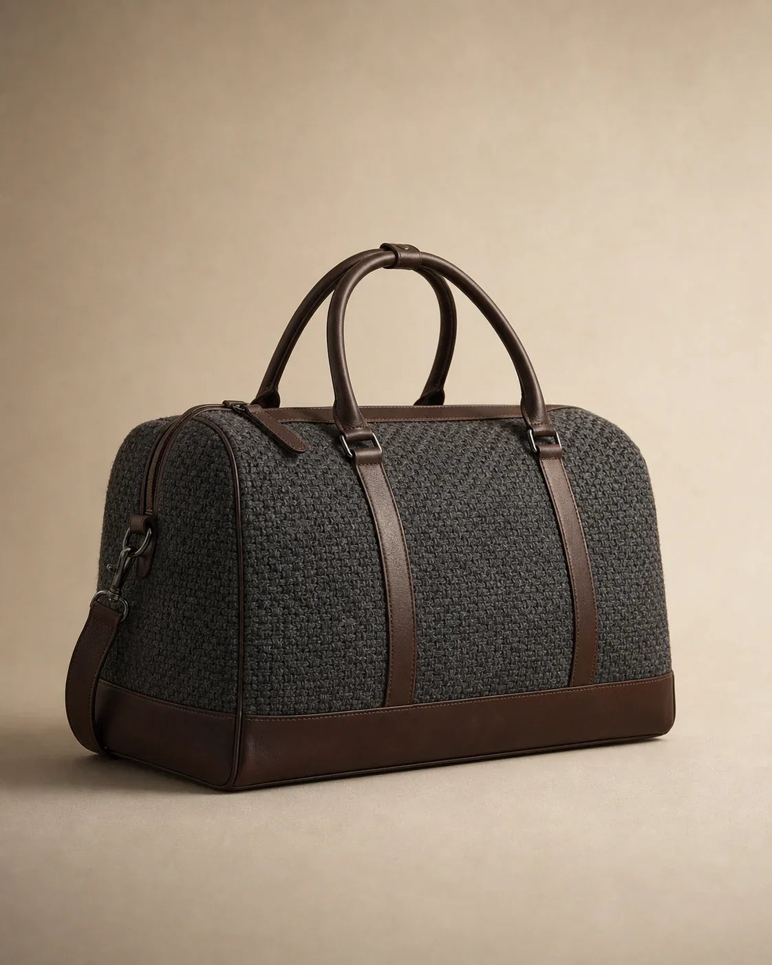 Ravine Wool & Leather Weekender by ALPORA, a dark, tactile weekender balancing coarse woven wool with clean leather structure