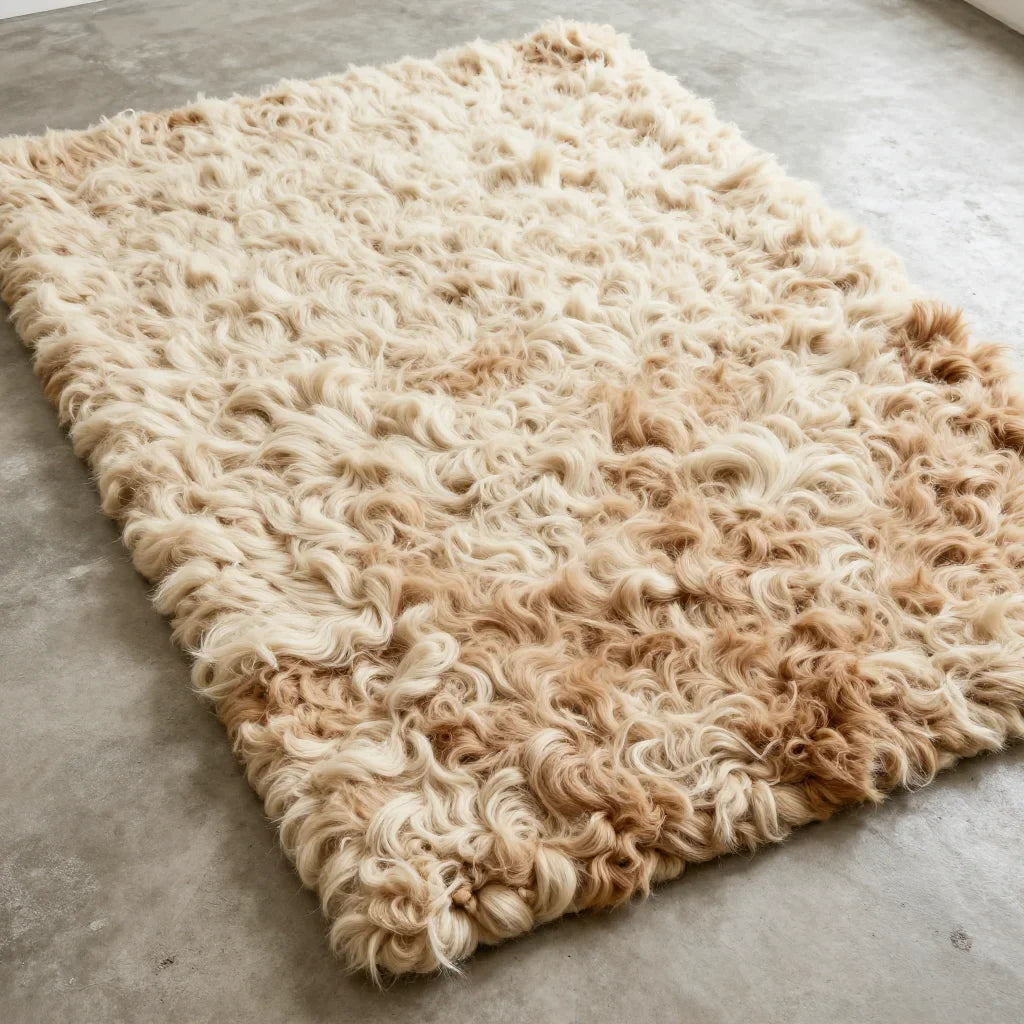 Raw Fleece Rug by ALPORA, a large undyed raw fleece rug with natural colour variation, each piece unique, sourced directly from highland pastoral regions