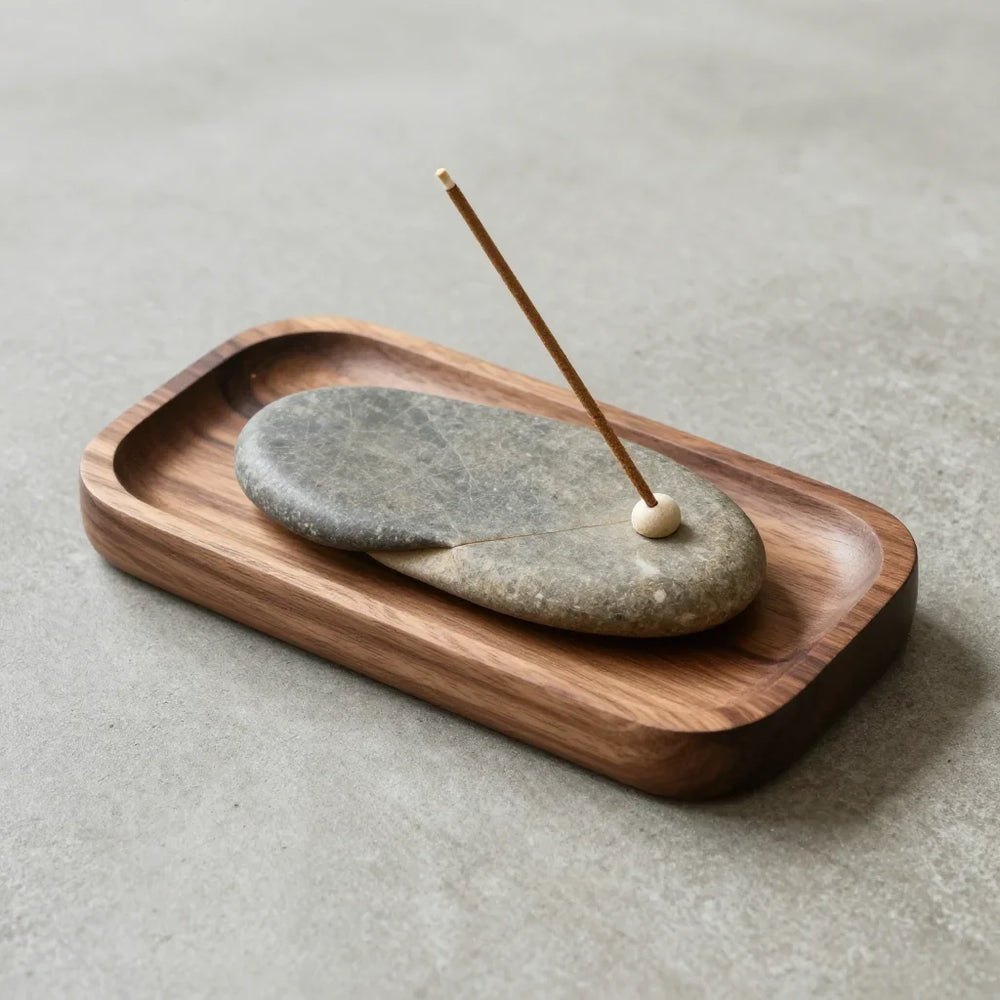 Stone Offering Tray by ALPORA, a meditation space tray of natural river stone set in walnut wood, translating the offering table tradition into minimal form