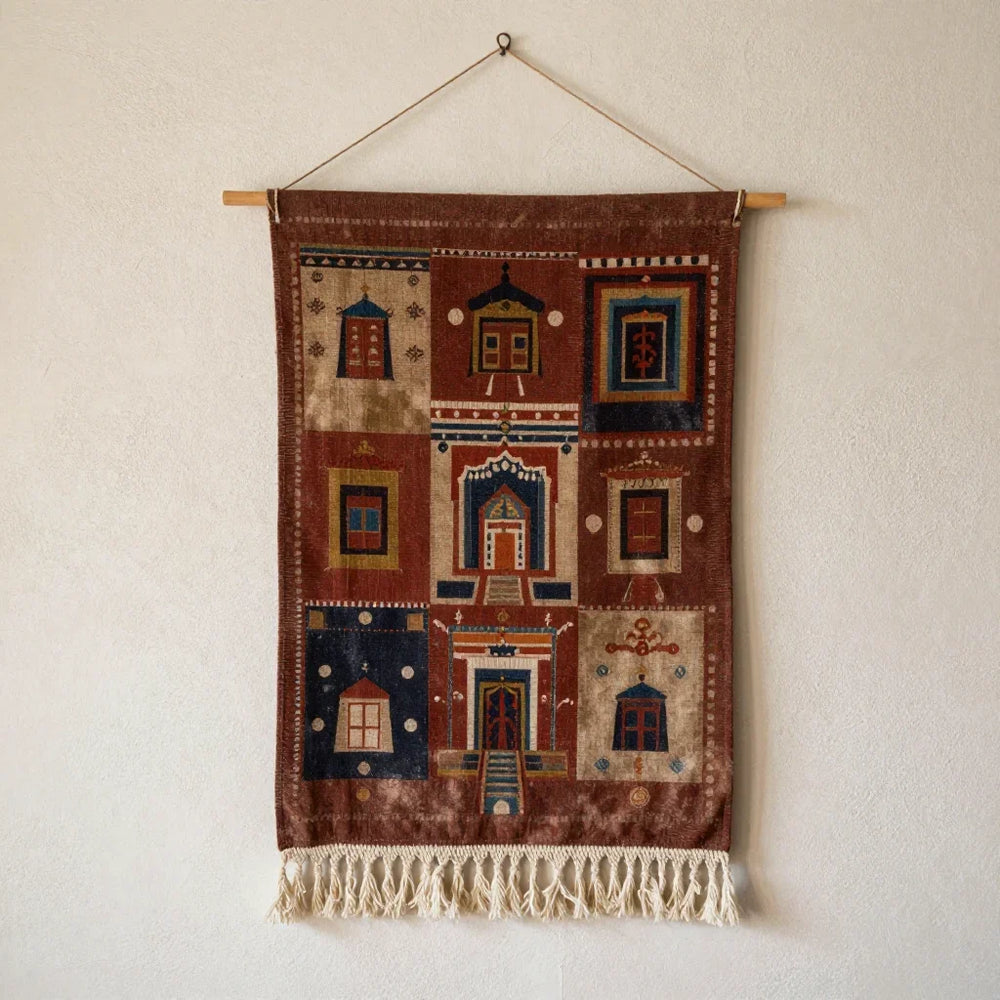 Temple Fragment Wall by ALPORA, a small wall hanging translating tibetan temple architectural textile fragments using ancient natural dye techniques