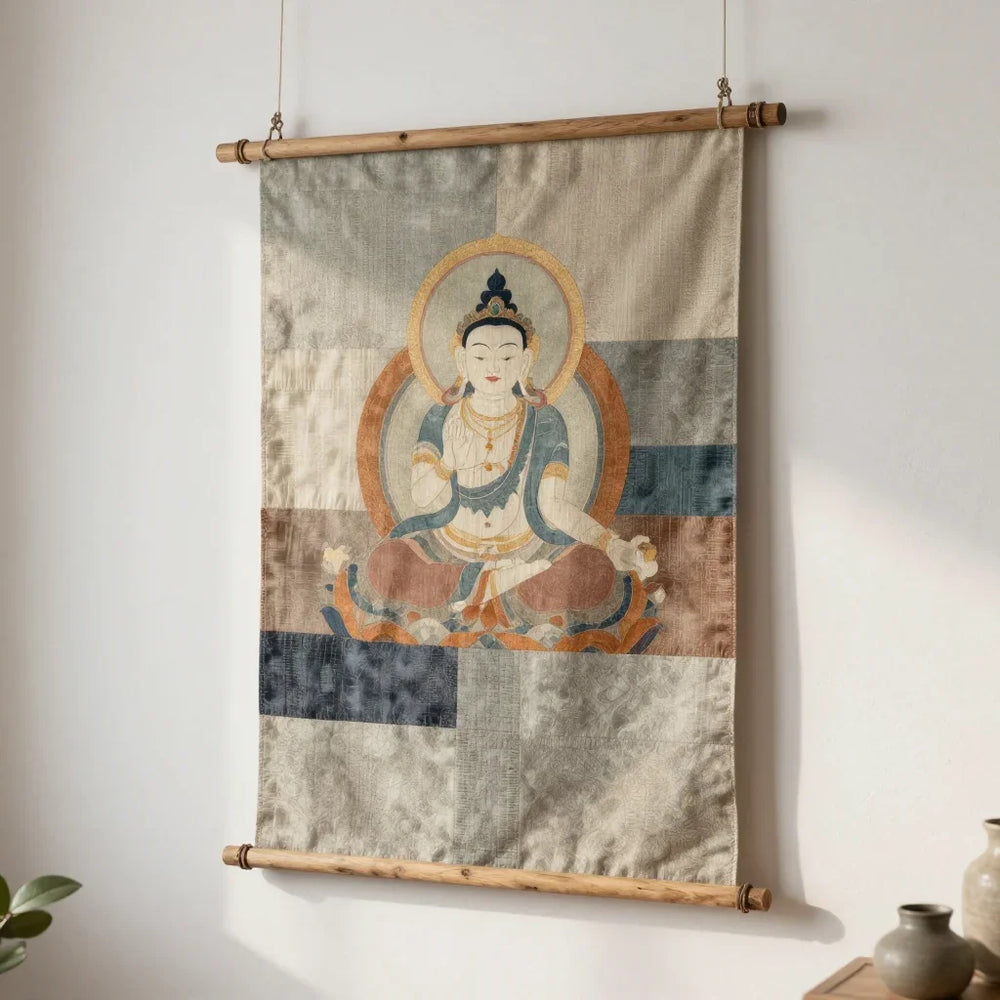 Thangka Mount Textile by ALPORA, a contemporary wall textile using traditional thangka mounting technique with silk and wool composite layers