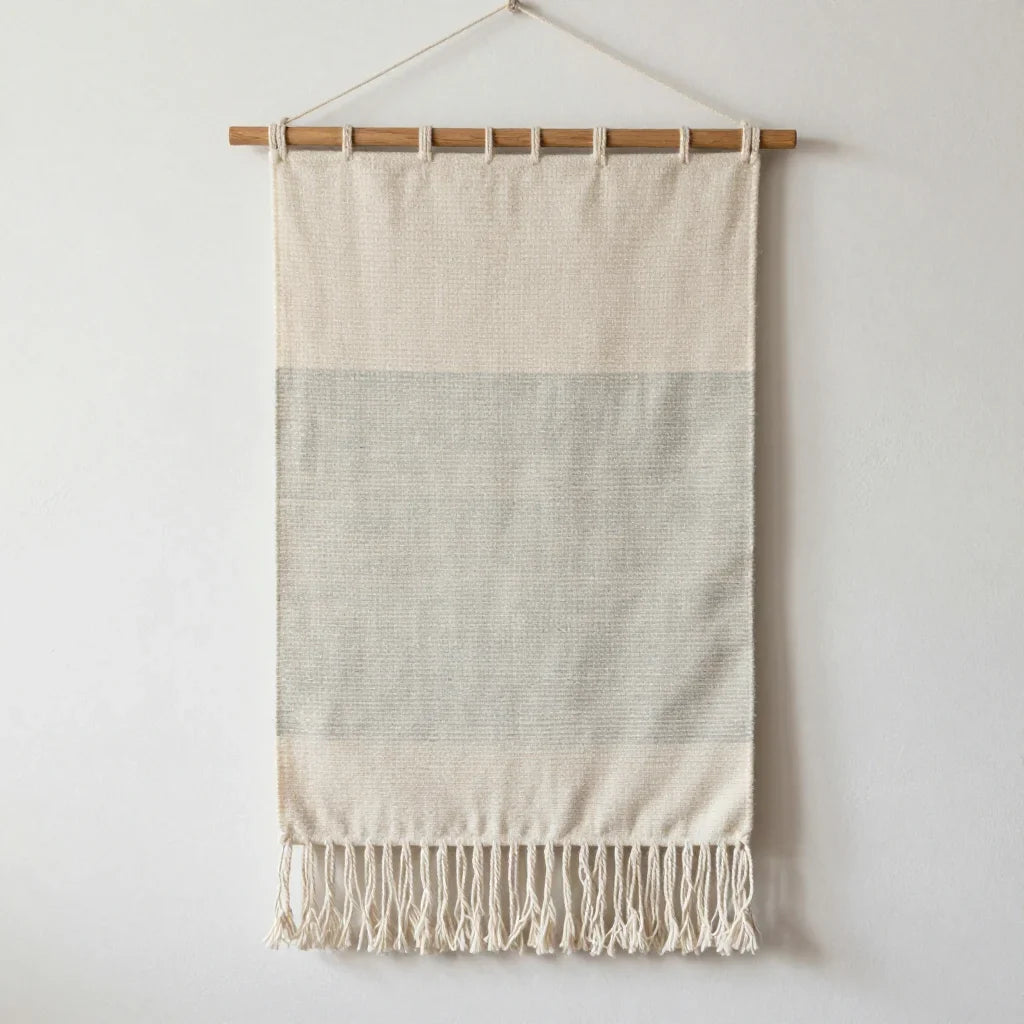Wall Textile 鈥?Stillness by ALPORA, a handwoven wall textile in muted bone, sage and mineral grey, with subtle horizontal banding