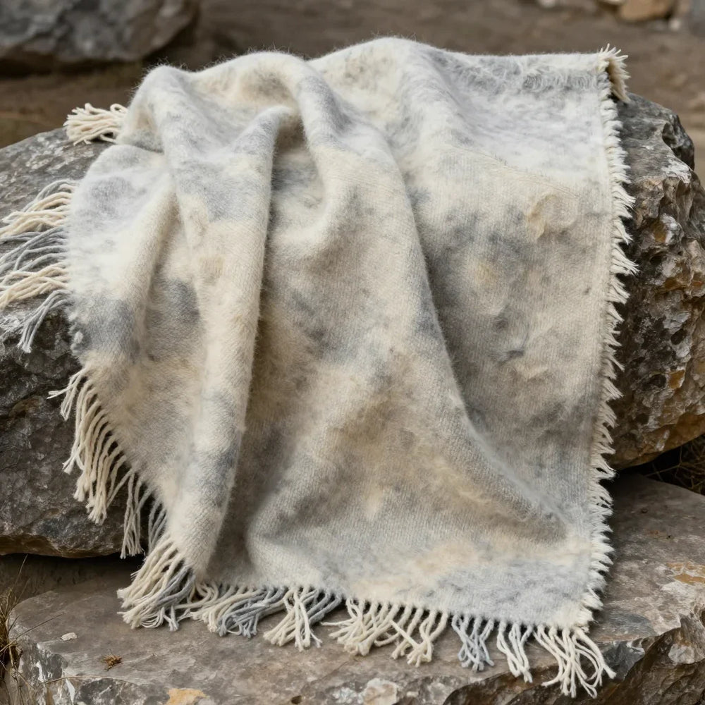 Wind-Bleached Throw by ALPORA, a weathered yak wool throw with wind-bleached colour effect, each piece uniquely faded as if exposed to years of highland wind